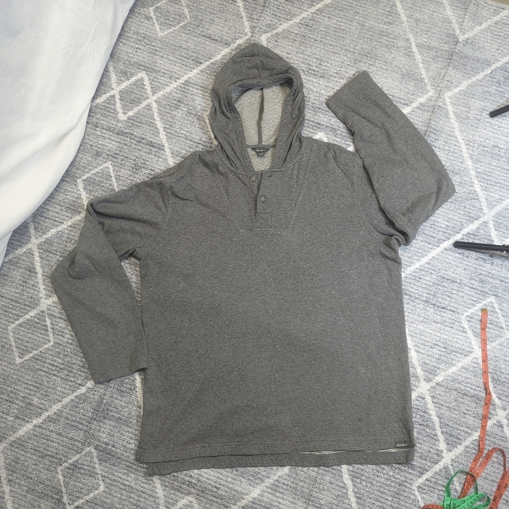 Eddie Bauer XL Hooded Sweatshirt Quarter Button Gray